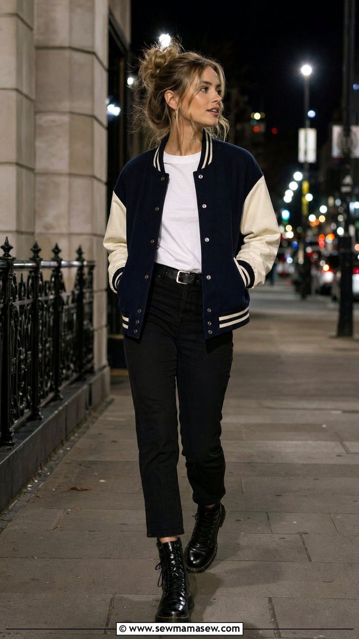 Letterman Jacket with Cigarette Jeans and Combat Boots - 35 Preppy outfit ideas