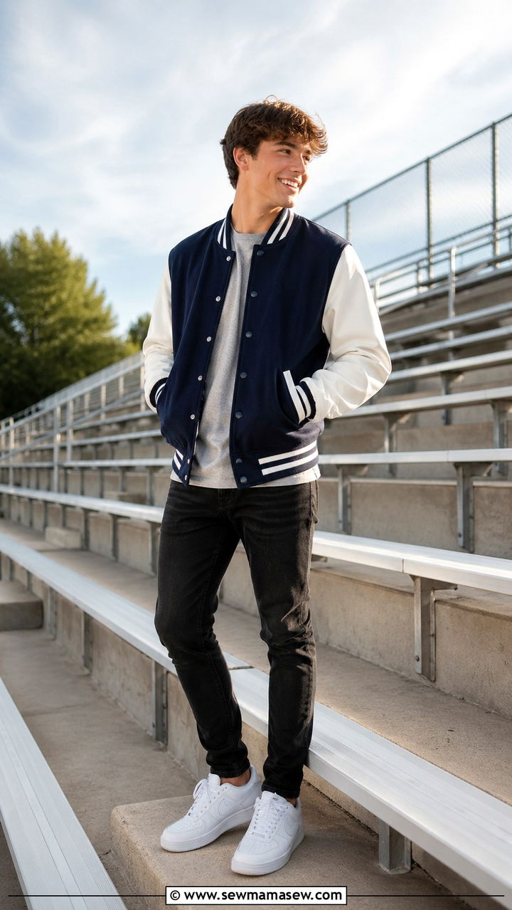 Letterman jacket with jeans senior picture - 30 Senior portrait outfit ideas guys