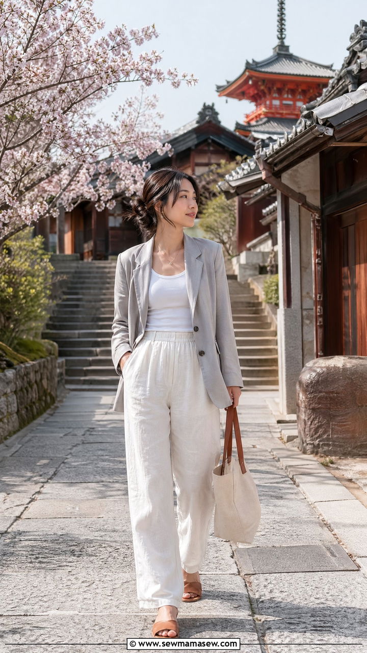 Light Blazer And Linen Wide Leg Pants Outfit Spring Japan - 35 Spring Japan outfit ideas
