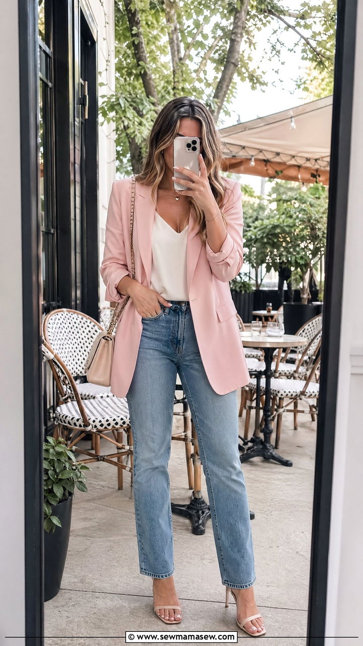 Light Blazer With Straight Leg Jeans - 35 spring dinner outfit ideas