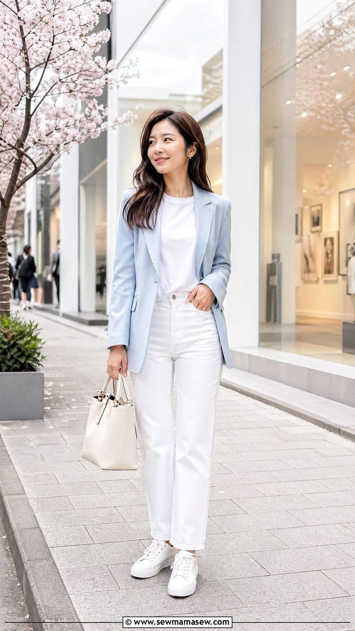 Light Blue Blazer And White Straight Leg Jeans Outfit Spring Japan - 35 Spring Japan outfit ideas