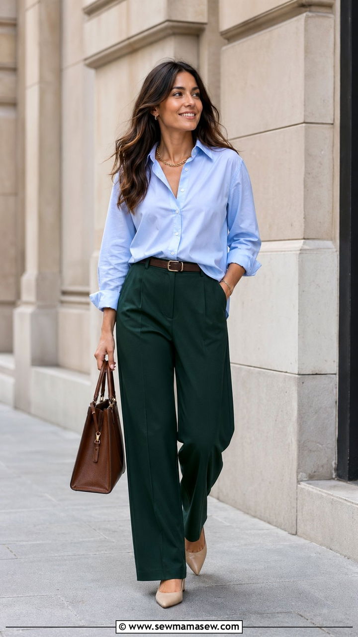Light Blue Button Down with Green Wide Leg Pants - 30 Blue and green outfit ideas