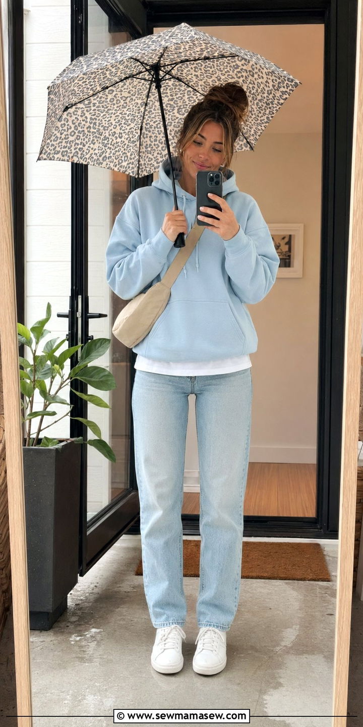 Light Blue Hoodie with Light Wash Jeans and White Sneakers - 35 Rainy summer outfits