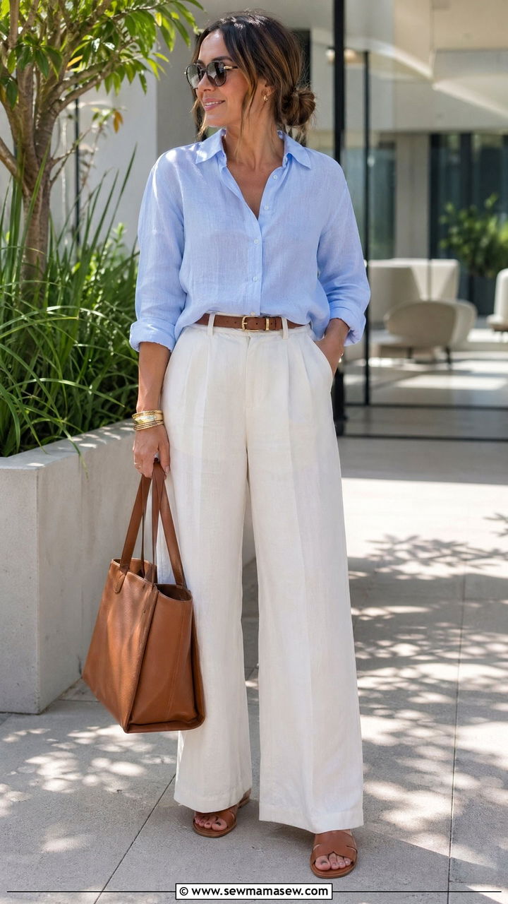 Light Blue Linen Shirt and Ivory Wide Leg Trousers - 35 summer coastal grandmother outfit ideas