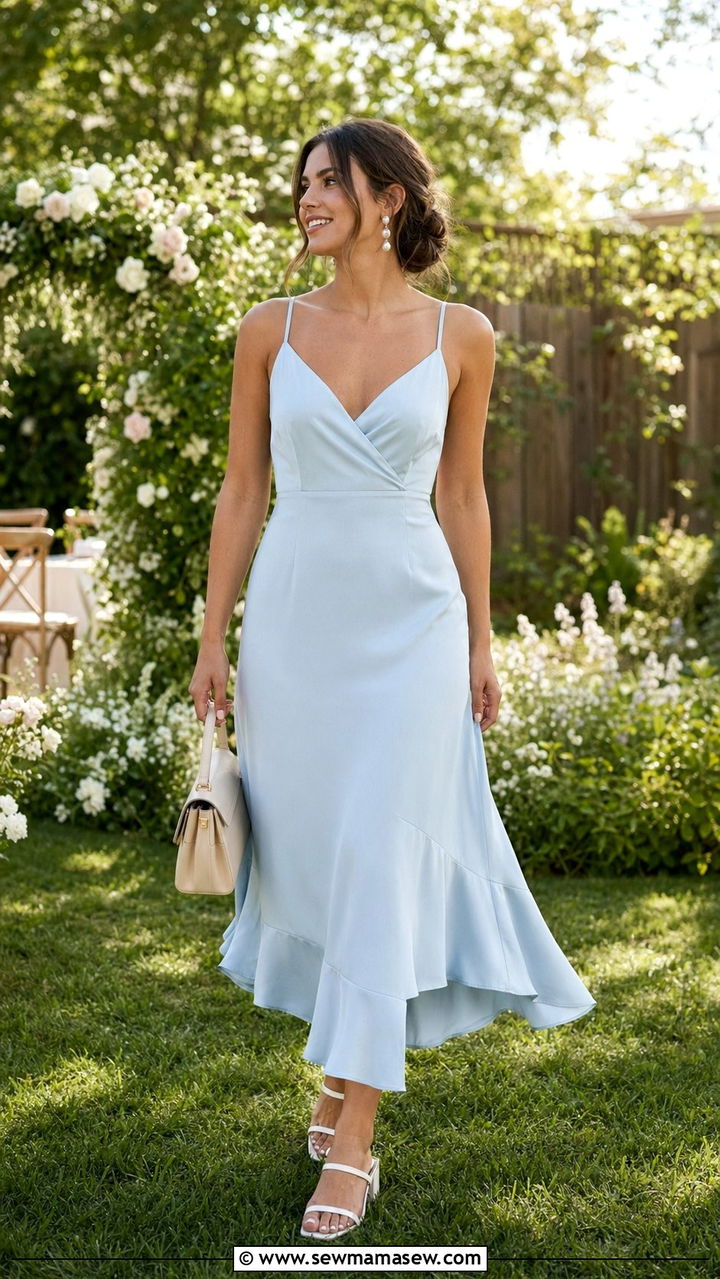 Light Blue Midi Dress With Pearl Earrings - 30 Backyard wedding guest outfit ideas