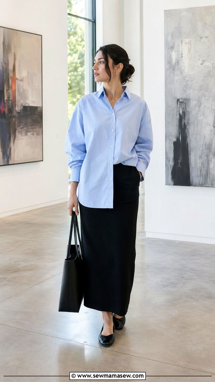 Light Blue Shirt and Black Column Maxi Skirt Modest Outfit - 35 modest classy outfits aesthetic