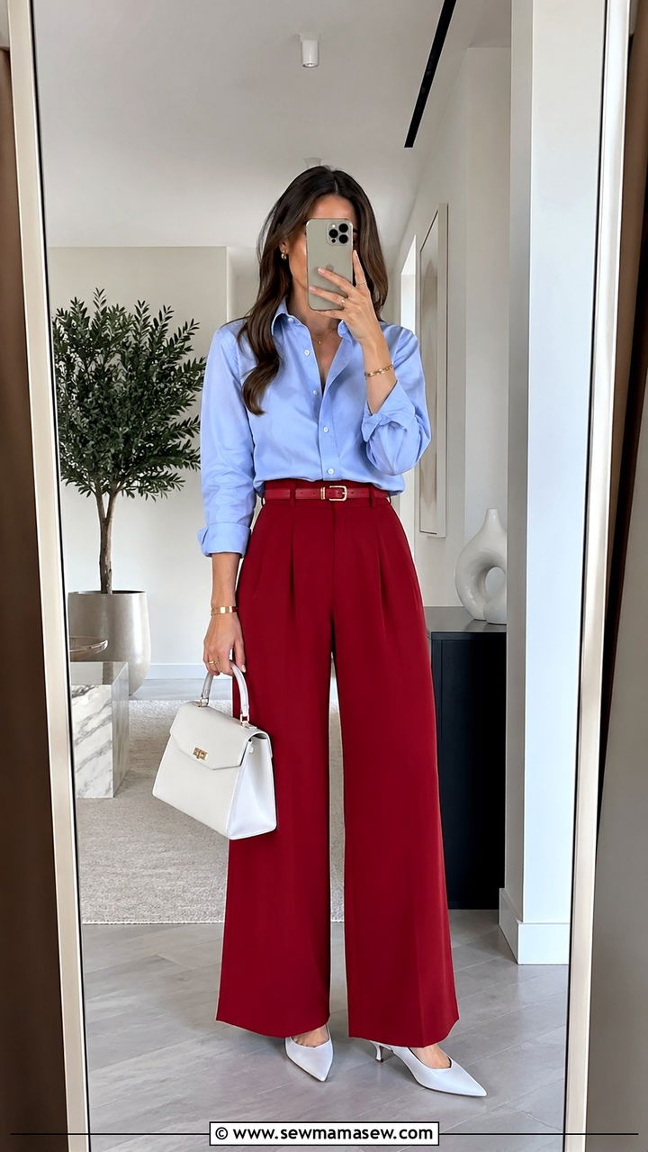Light Blue Shirt with Crimson Wide Leg Trousers - 30 spring color blocking outfit ideas