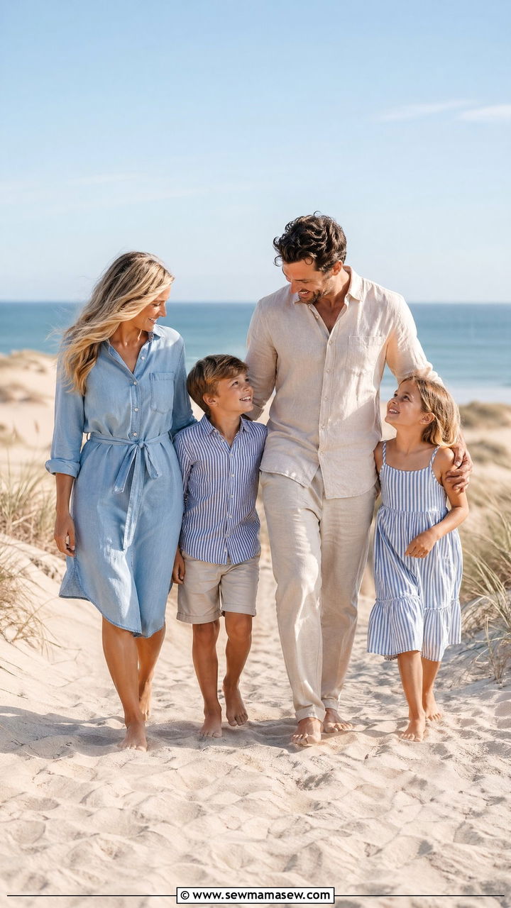 Light Blue and Beige Outfits for Dune Family Photos - 35 summer family photo outfit ideas