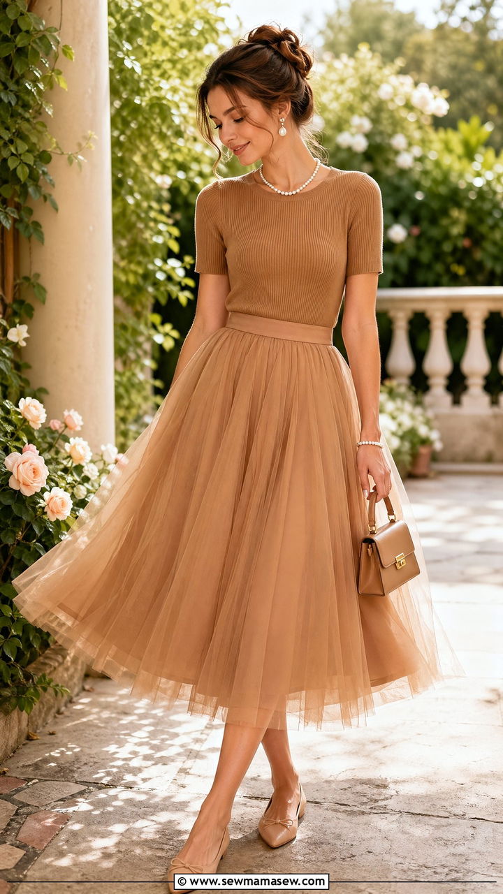 Light Brown Tulle Skirt with Knit Top - 35 spring brown outfit ideas