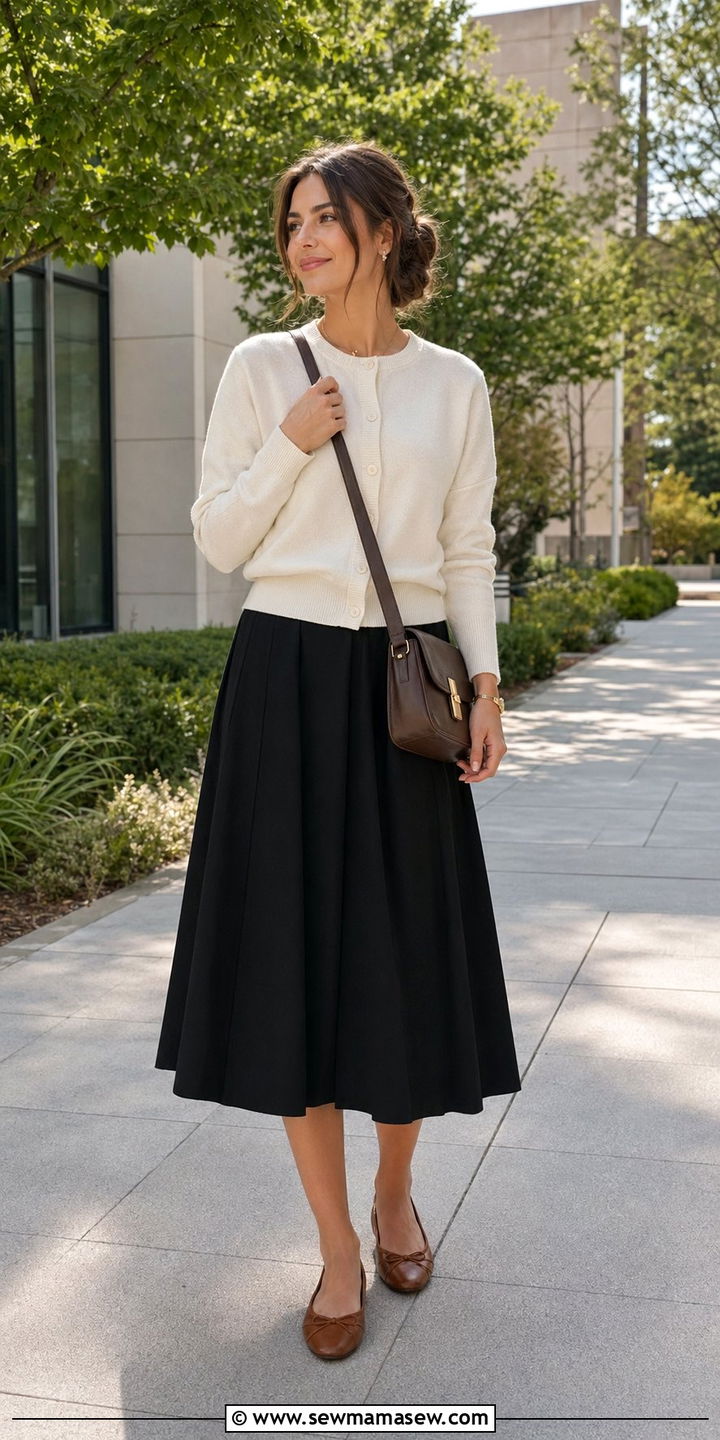 Light Cardigan With Black Midi Skirt - 30 Back to school outfit ideas modest 2026