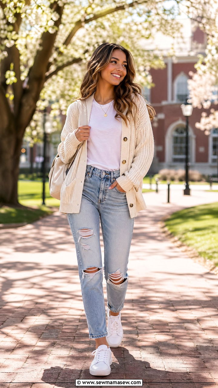 Light Cardigan With Distressed Jeans - 35 spring school outfit ideas