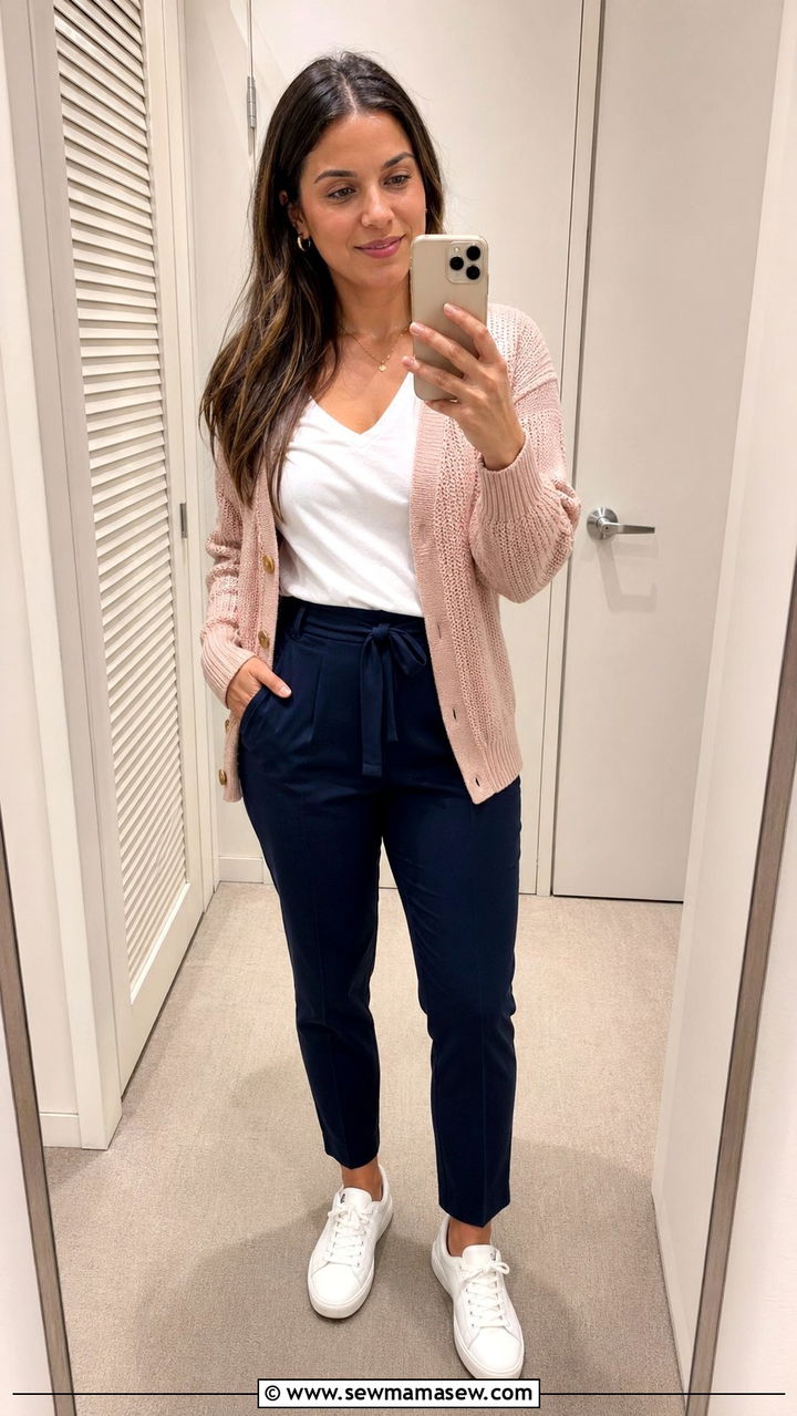Light Cardigan With Navy Trousers And A White Tee - 30 Work outfits for midsize women