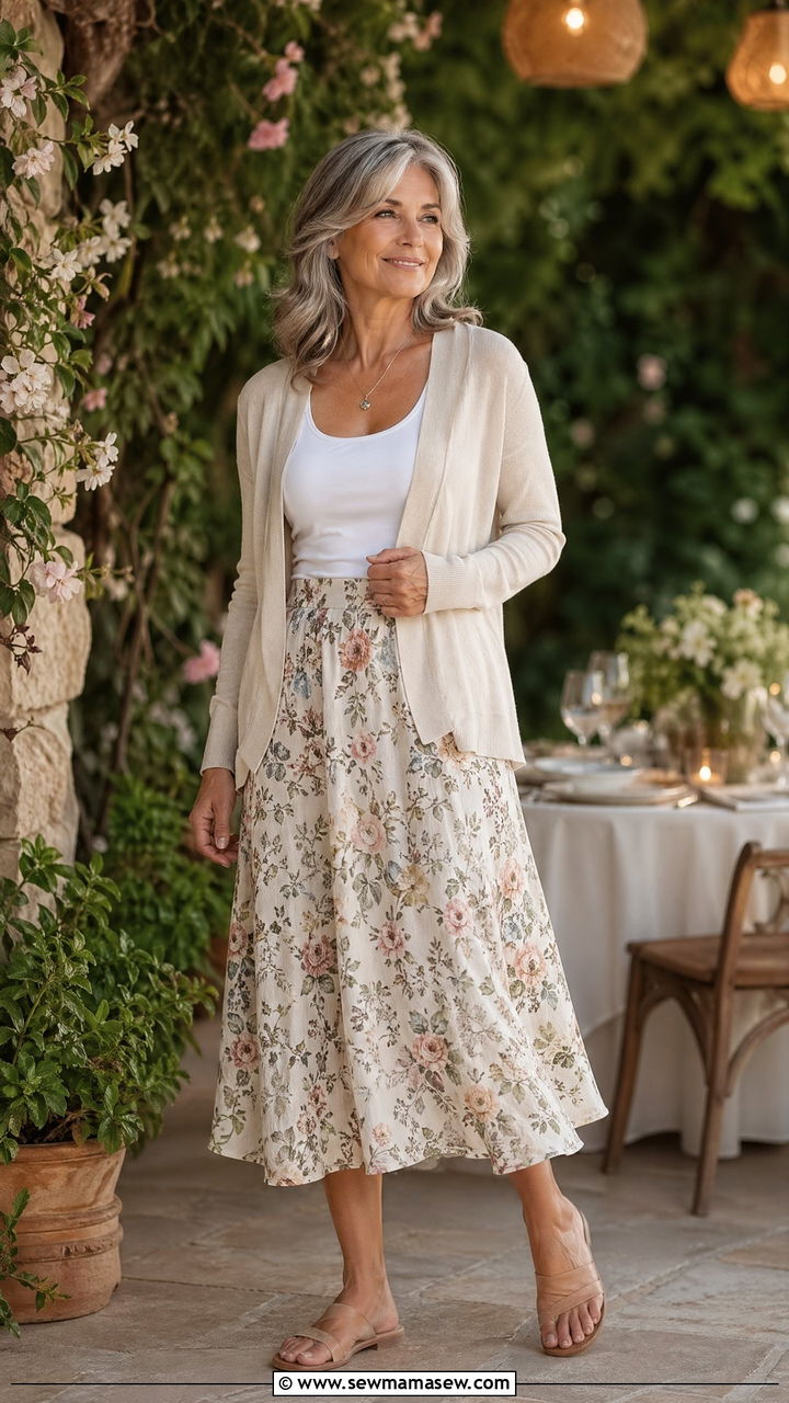 Light Cardigan over Floral Midi Skirt - 35 Vacation outfit ideas for women over 50