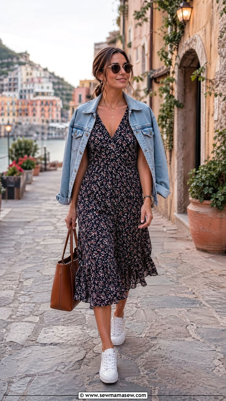Light Denim Jacket Over a Floral Midi Dress With White Sneakers - 35 summer italy vacation outfit ideas