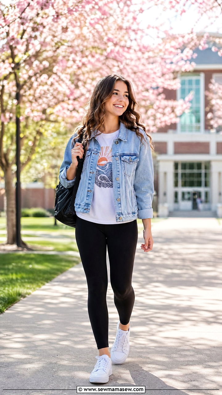 Light Denim Jacket With Graphic Tee and Leggings - 35 spring school outfit ideas