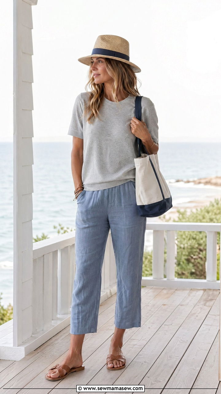 Light Gray Cashmere Blend Tee and Cropped Blue Pants - 35 summer coastal grandmother outfit ideas