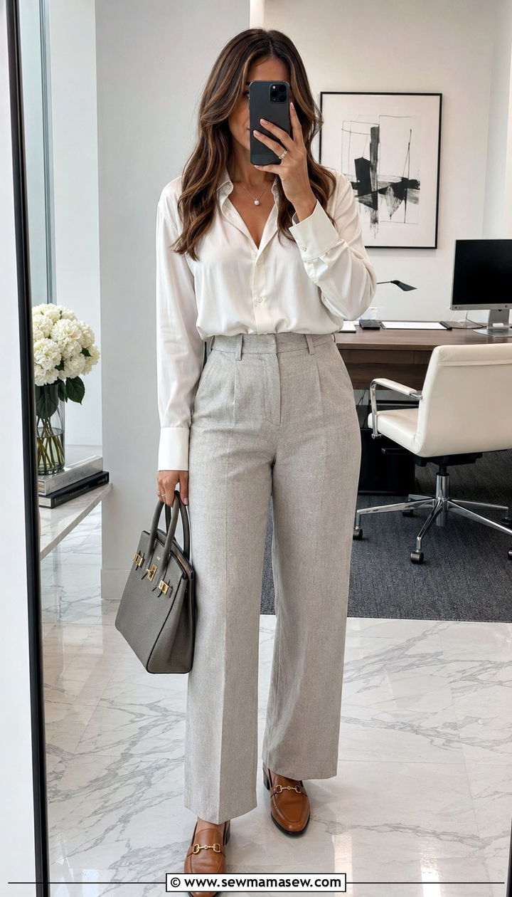 Light Gray Linen Trousers with a White Silk Blouse - 35 Old money summer outfits