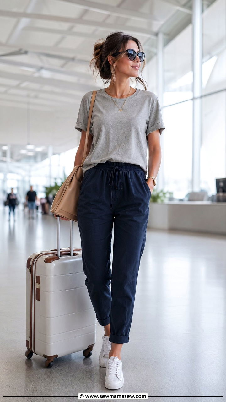 Light Grey Boyfriend Tee With Navy Linen Tapered Pants - 35 summer minimalist outfit ideas