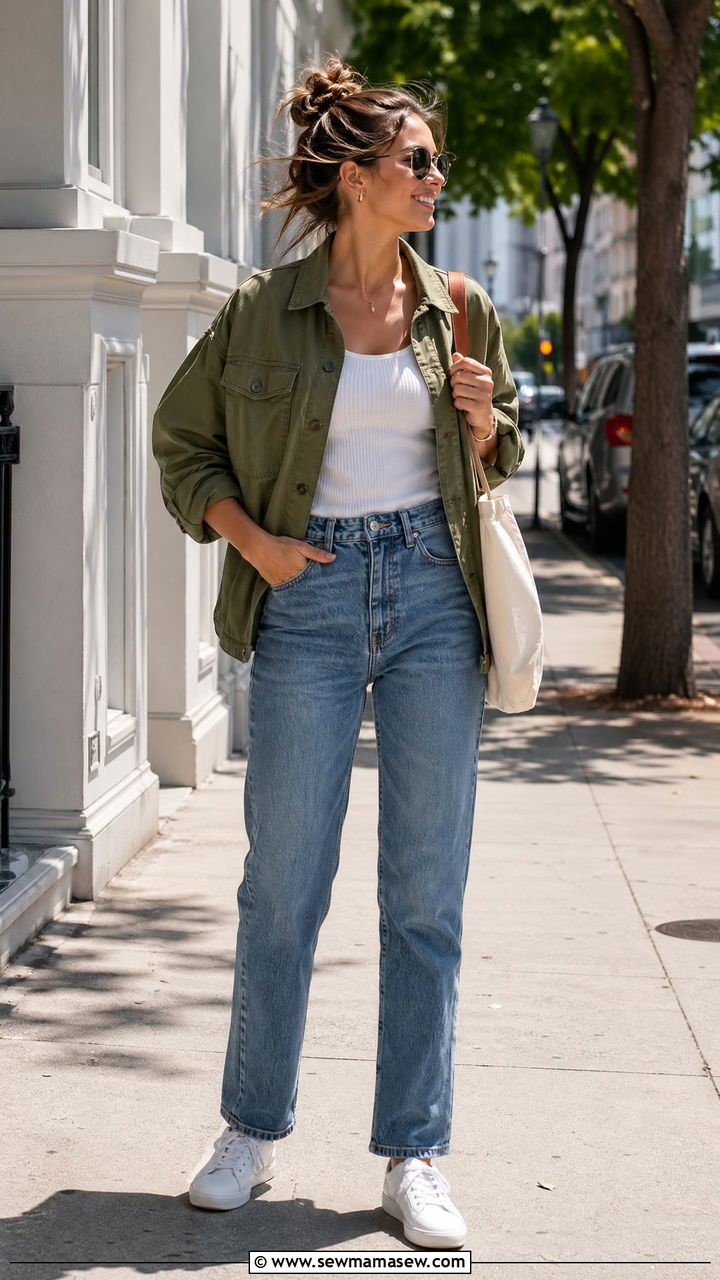 Light Jacket With Fitted Top And Straight Leg Jeans - 35 Windy summer outfits
