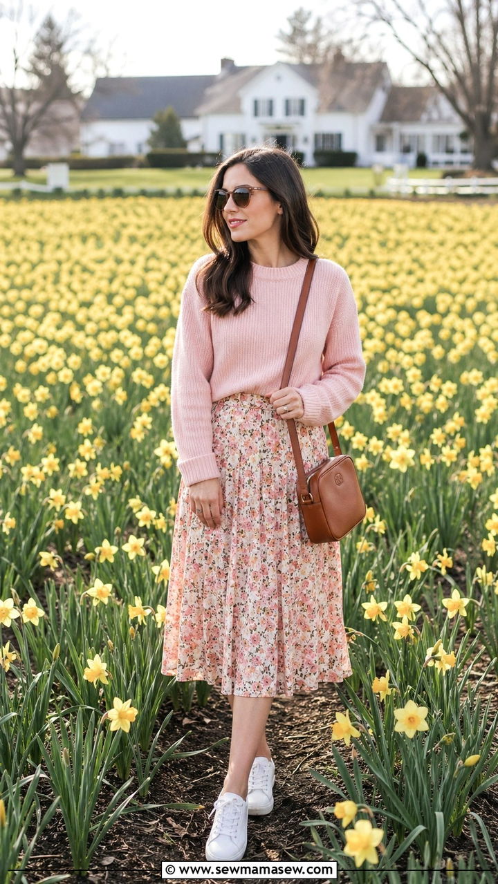 Light Knit Sweater And Flowy Midi Skirt - 30 Spring flower field photoshoot outfits