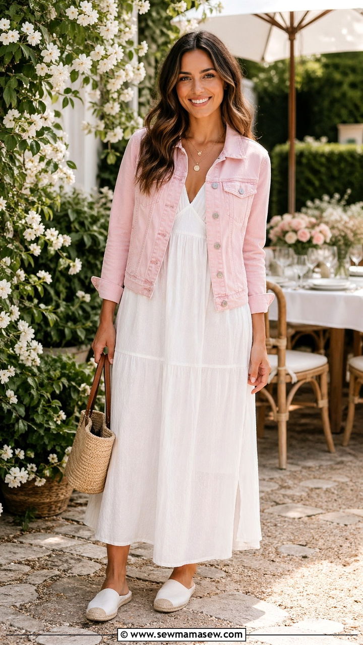 Light Pink Denim Jacket Over A White Maxi Dress - 40 All light pink outfit ideas