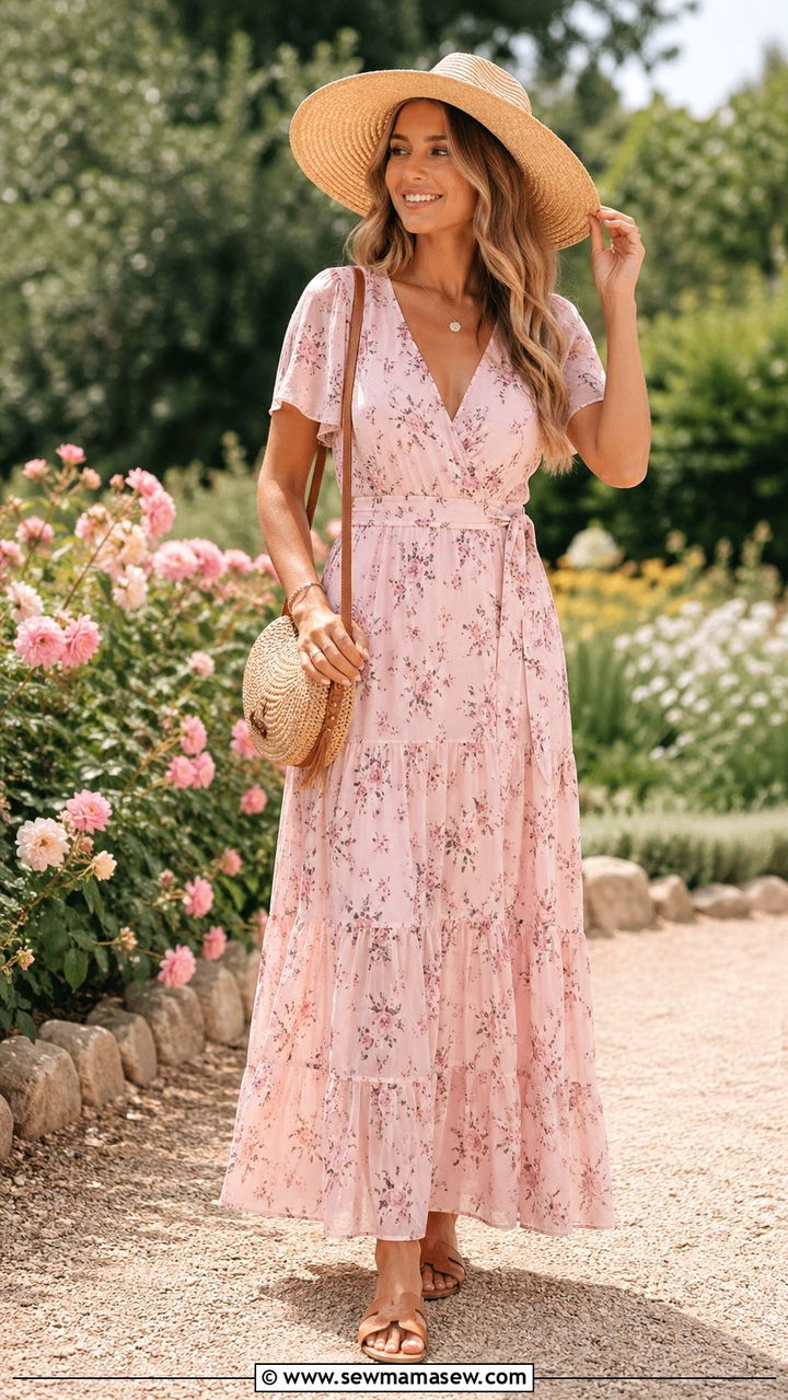 Light Pink Floral Maxi Dress With Flat Sandals - 40 All light pink outfit ideas
