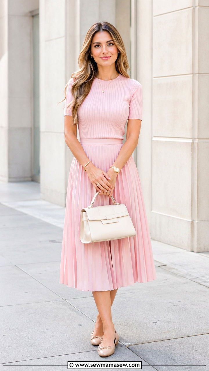 Light Pink Pleated Midi Skirt With Fitted Ribbed Top - 40 All light pink outfit ideas