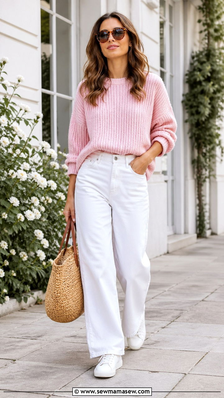 Light Pink Sweater With White Wide Leg Jeans - 40 All light pink outfit ideas