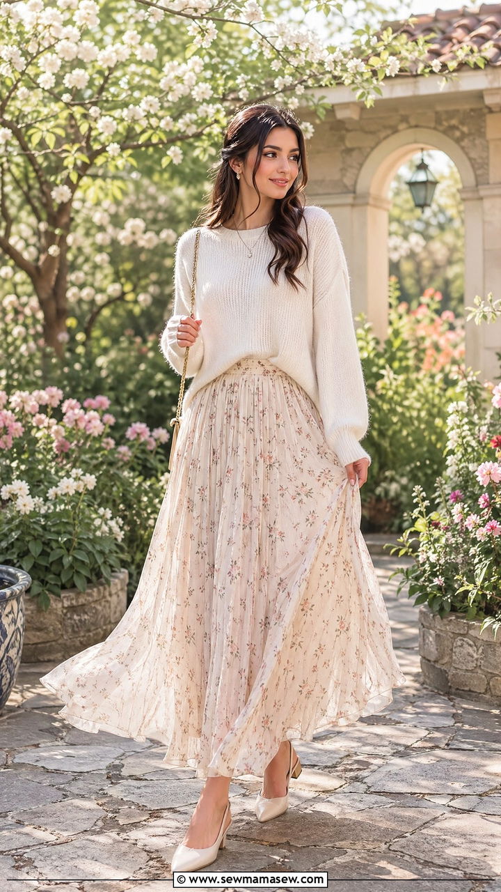 Light Sweater With Flowing Maxi Skirt and Slingbacks - 35 spring soft girl outfit ideas