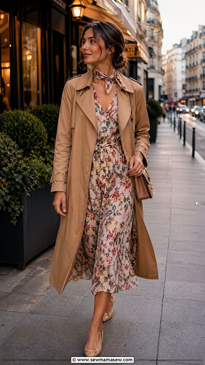 Light Trench Coat Over Summer Midi Dress - 35 classy summer outfit ideas