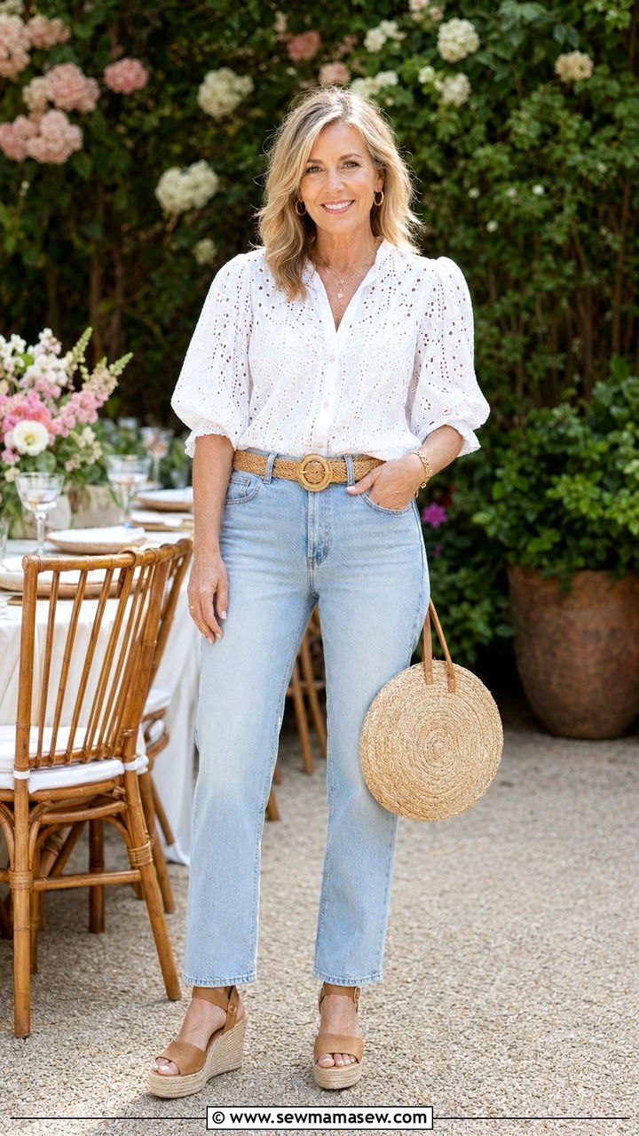 Light Wash Jeans With a White Eyelet Blouse - 30 Best jeans for women over 40