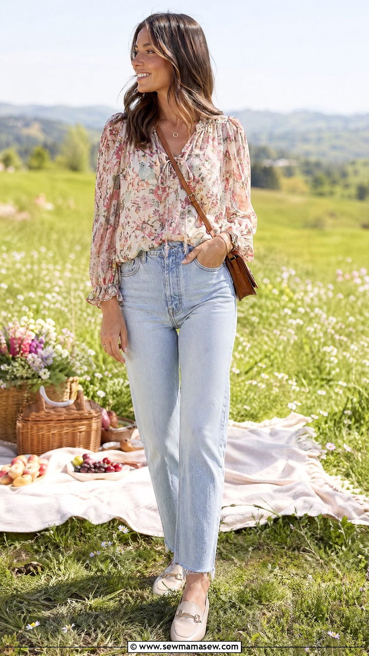 Light Wash Jeans with Floral Blouse - 35 Spring picnic outfit ideas