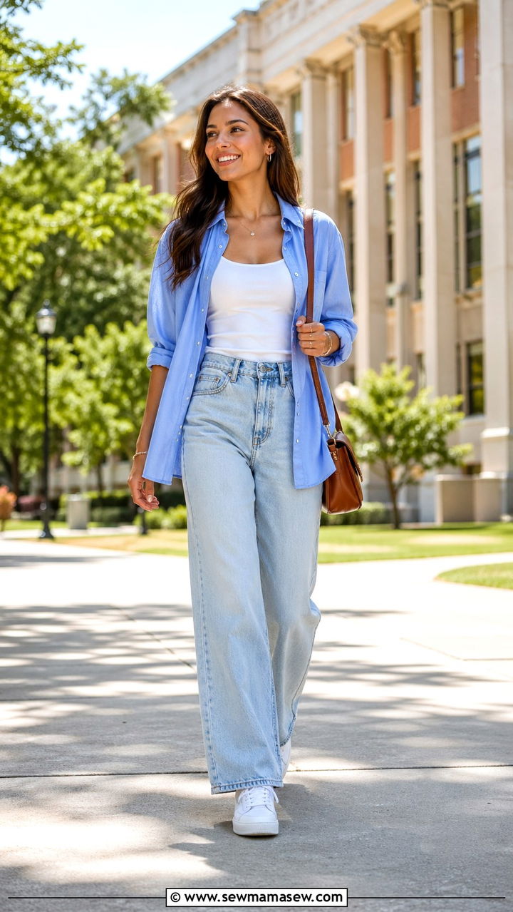 Light Wash Wide Leg Jeans With Oversized Blue Shirt School Outfit - 30 school outfits inspo