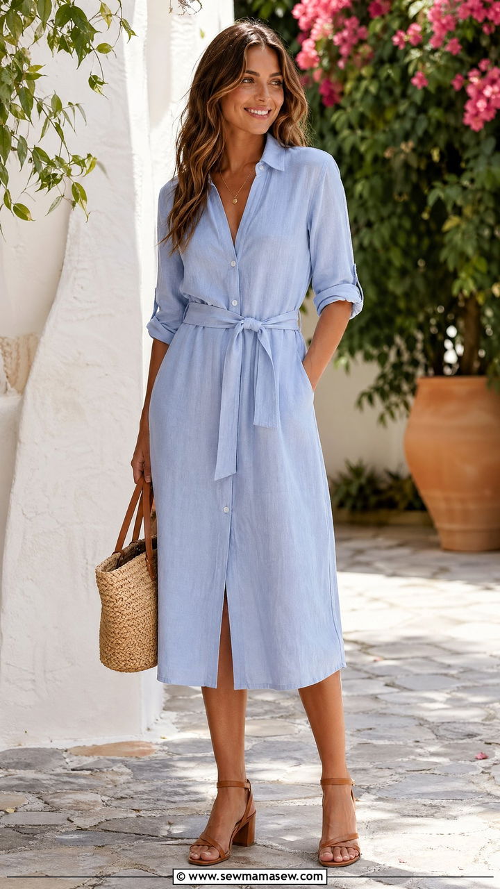 Light blue linen shirt dress outfit - 35 Summer office outfit ideas