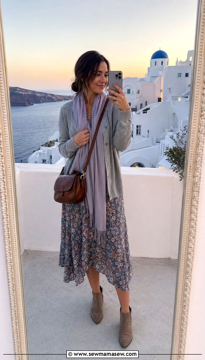 Light cardigan layered over midi dress for spring evenings - 35 Santorini vacation outfit ideas