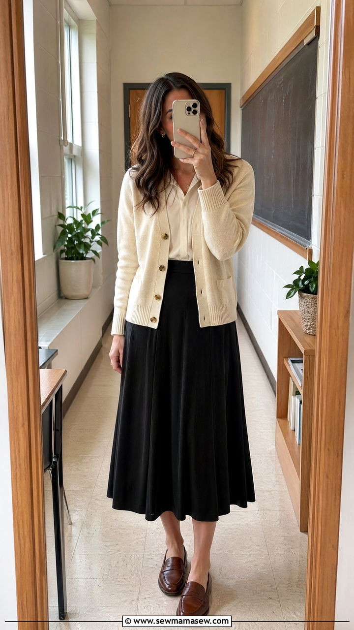 Light cardigan with black midi skirt and loafers - 35 spring teacher outfit ideas