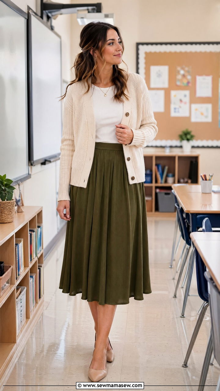 Light cardigan with olive midi skirt - 35 Teacher outfits for spring