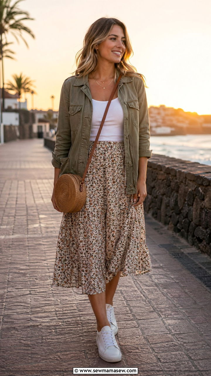 Light jacket and printed midi skirt outfit - 35 summer skirt outfit ideas