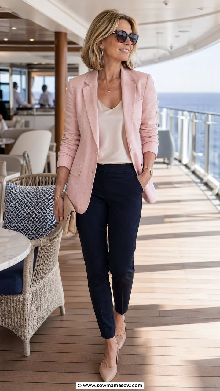 Lightweight Blazer With Tank Top And Slim Trousers Cruise Outfit - 35 cruise outfits for women over 40