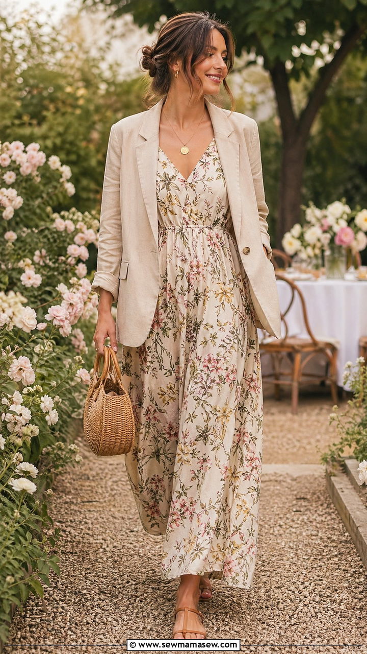 Lightweight Blazer with Floral Maxi Dress and Flat Sandals - 35 Summer outfits with blazers
