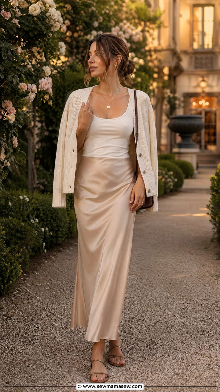 Lightweight Cardigan Draped Over Shoulders with a Slip Skirt - 35 classy old money outfit ideas