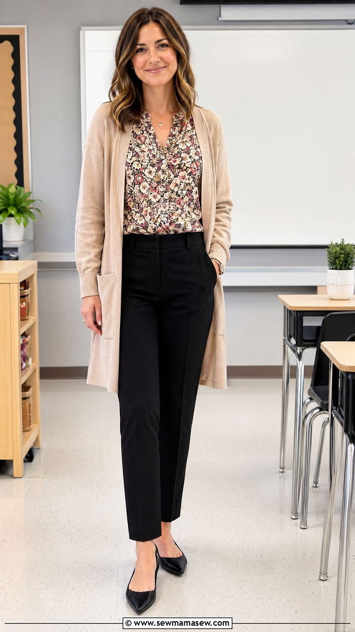 Lightweight Cardigan Over Printed Blouse With Tailored Pants and Flats - 35 teacher outfits for women