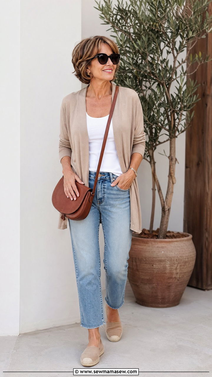 Lightweight Cardigan and Cropped Jeans Outfit - 35 Summer capsule wardrobe for women over 50