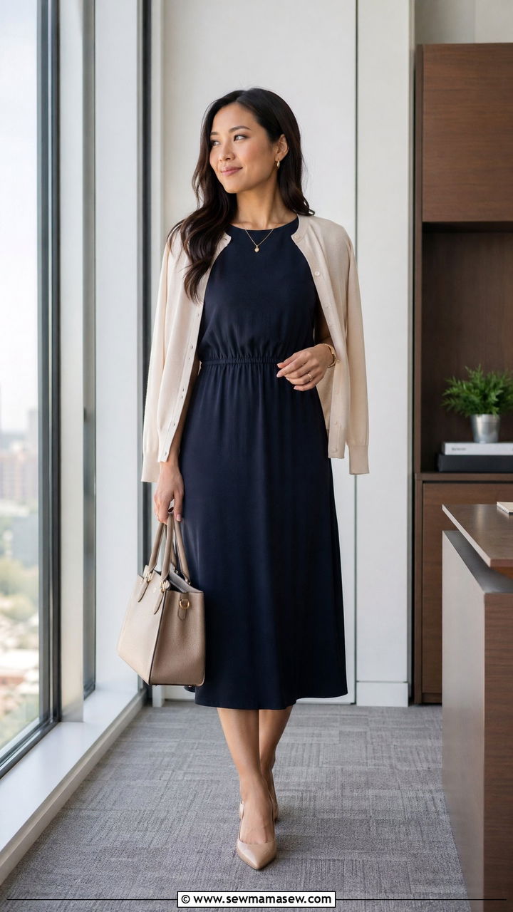 Lightweight Cardigan and Midi Dress - 35 summer business casual outfit ideas