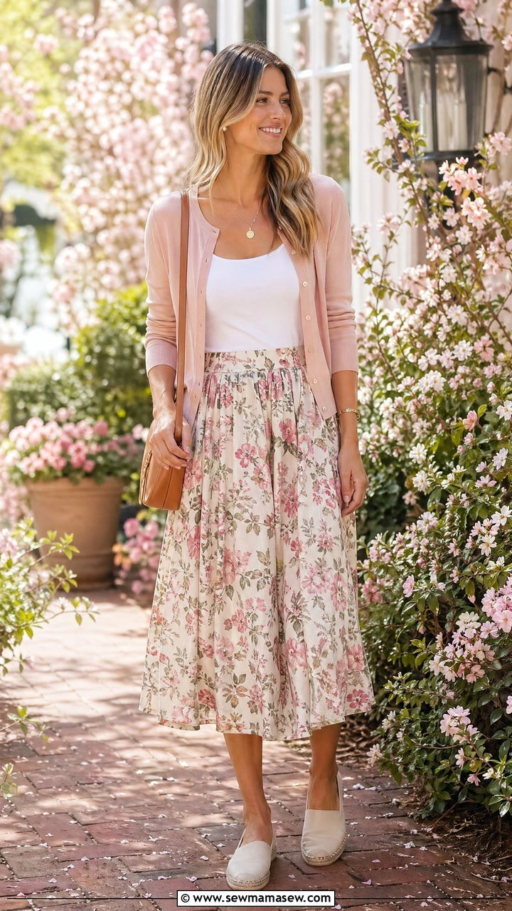 Lightweight Cardigan with Floral Midi Skirt - 35 spring mother's day outfit ideas