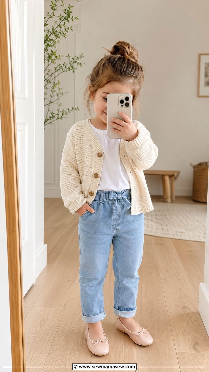Lightweight Cardigan with Jeans and Ballet Flats - 35 Spring outfits for toddlers