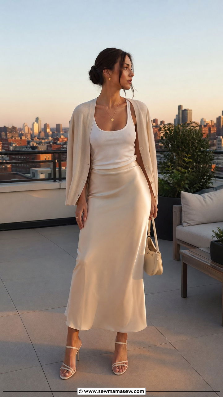 Lightweight Cashmere Cardigan Draped Over A Silk Slip Skirt - 40 summer quiet luxury outfits