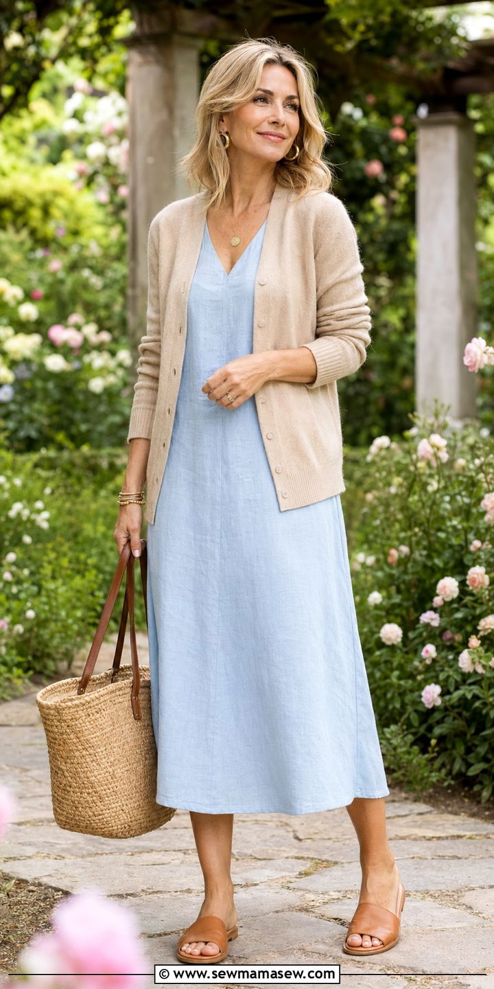 Lightweight Cashmere Cardigan Over Linen Midi Dress - 35 Old money outfits for women over 40
