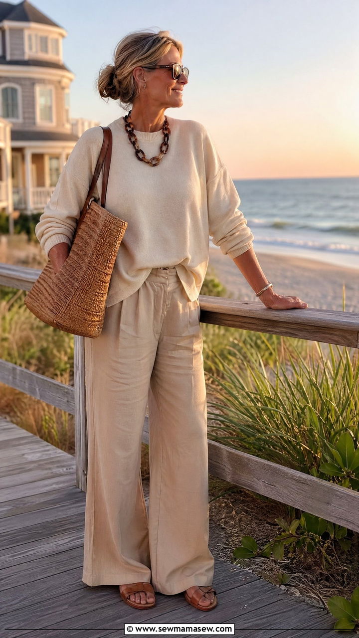 Lightweight Cashmere Sweater and Khaki Wide Leg Trousers - 35 summer coastal grandmother outfit ideas