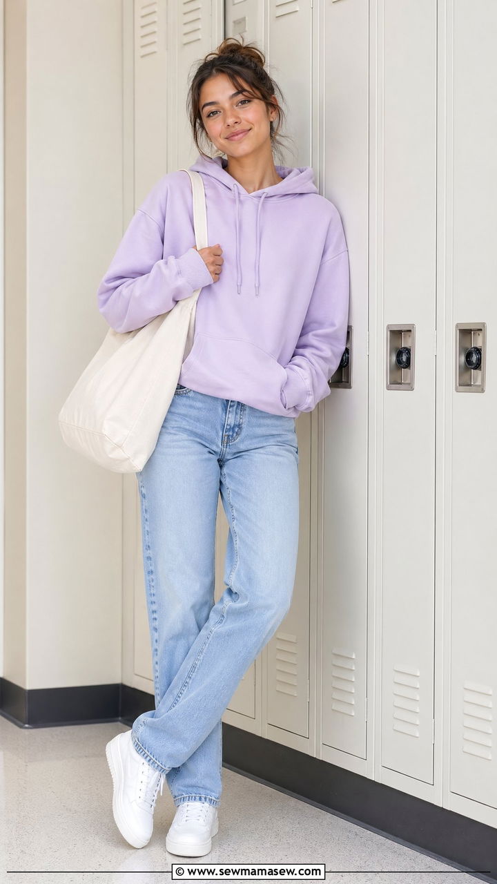 Lightweight Hoodie With Straight Leg Jeans - 35 spring school outfit ideas